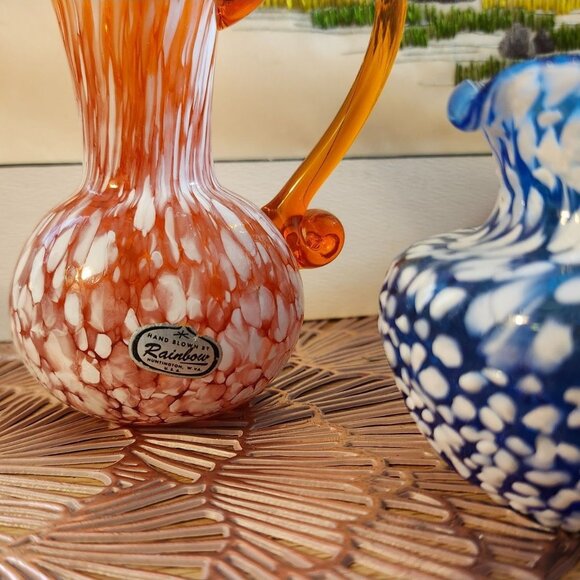 Blown Glass Orange Blue White Speckle Pitcher Vases Rainbow Glass - Picture 8 of 11